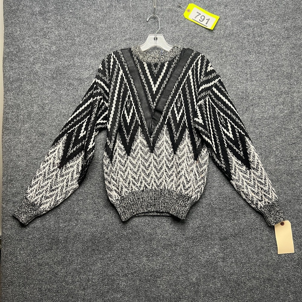 Vtg Barnaby Sweater Mens M Black White Aztec Leather Trim Long Sleeve Pullover